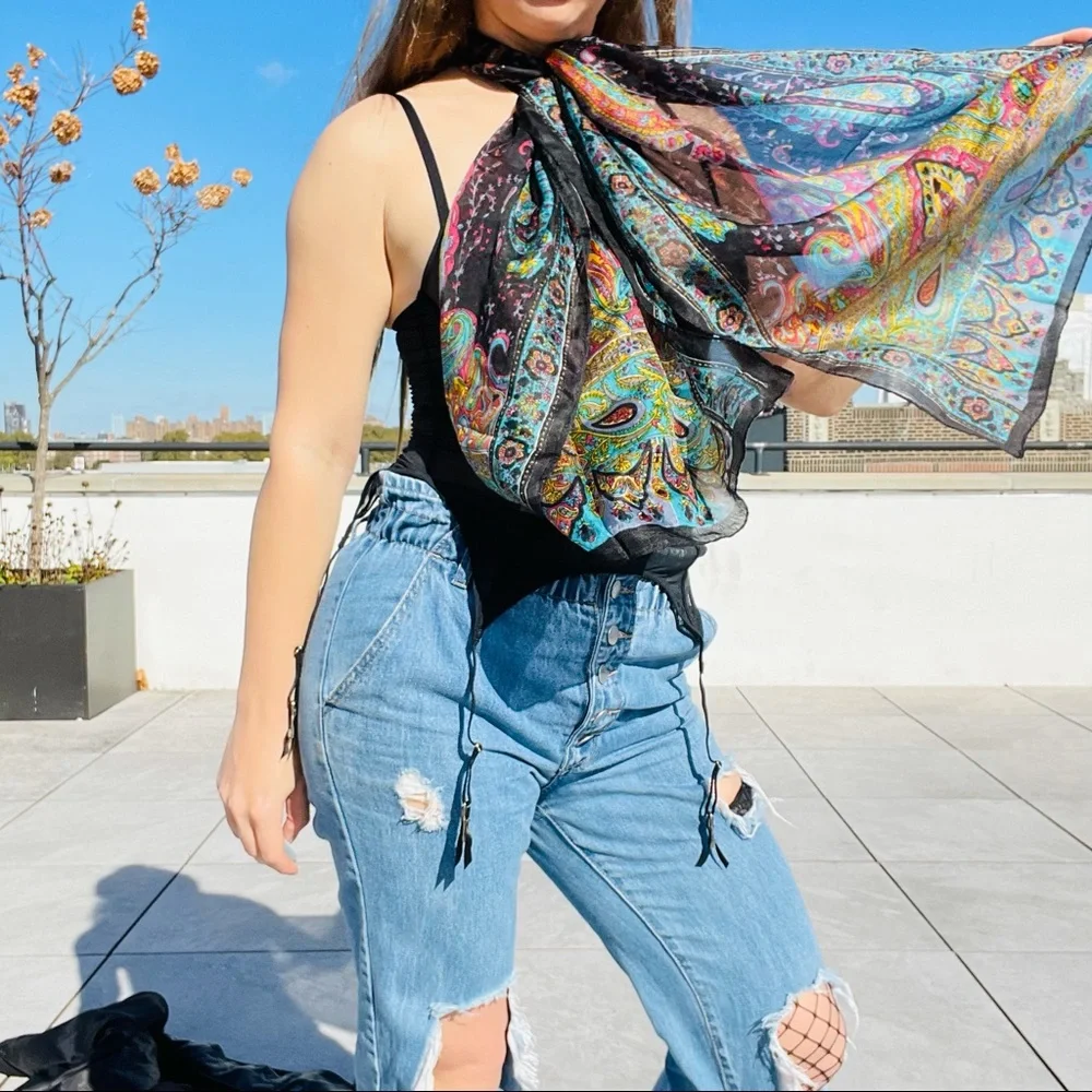 Vintage Rainbow Genuine Silk Paisley Rolled Hem Long Rectangular Women Men Scarf